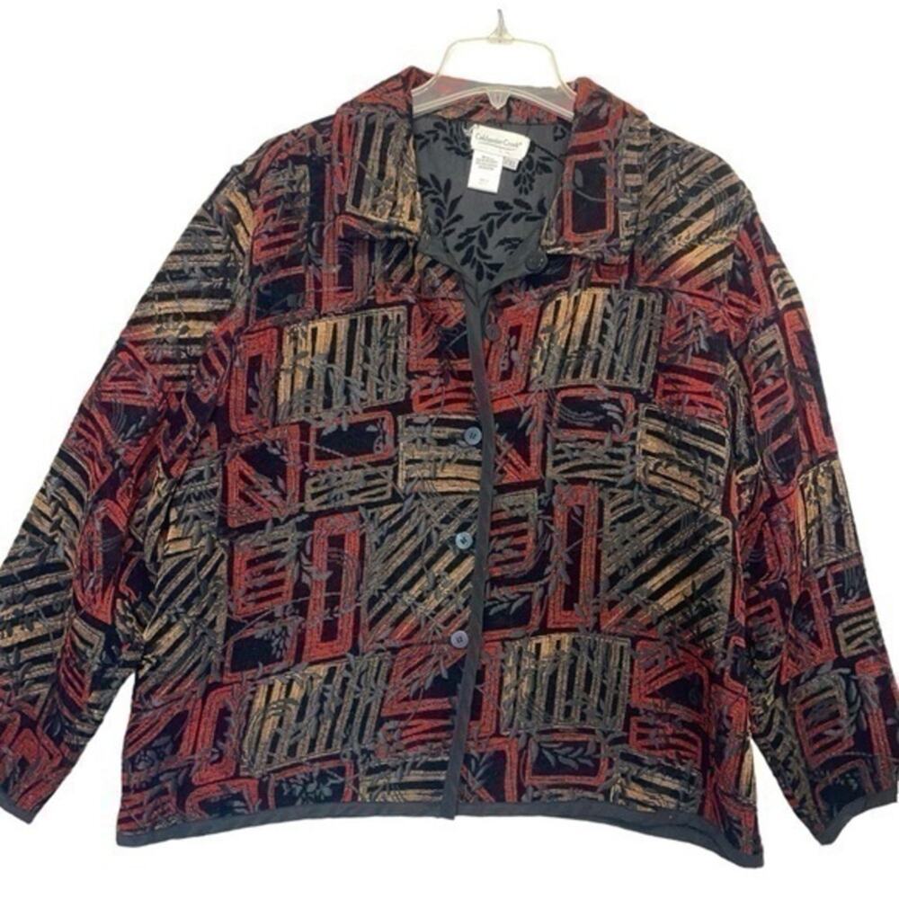 Coldwater Creek Tapestry Blazer Women Petite XL Red Black Geometric Jacket